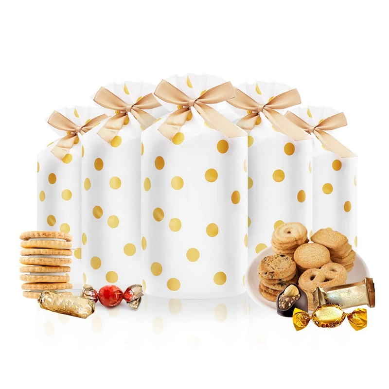 50 Pcs Candy Cookies Plastic Drawstring Gift Bags Gold Dot Treat Bags for Birthday Party Snack Wrapping Wedding Gift Party Favor