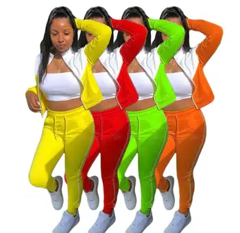 

Sporty Patchwork Sweatsuit Women's Jacket Jogger Pants Matching Tracksuit Two Piece Fitness Outfit Set