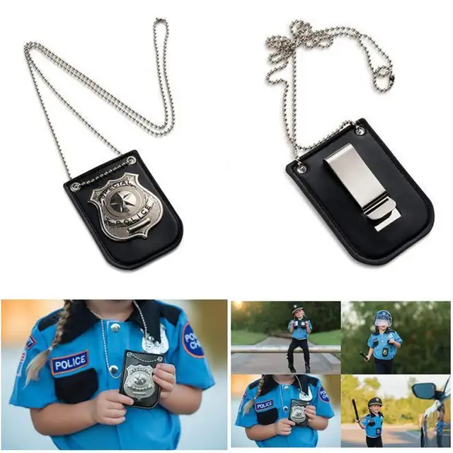 Children's Play House Toy Small Leather Bag Police Badge With Silver Belt Toy Black 1