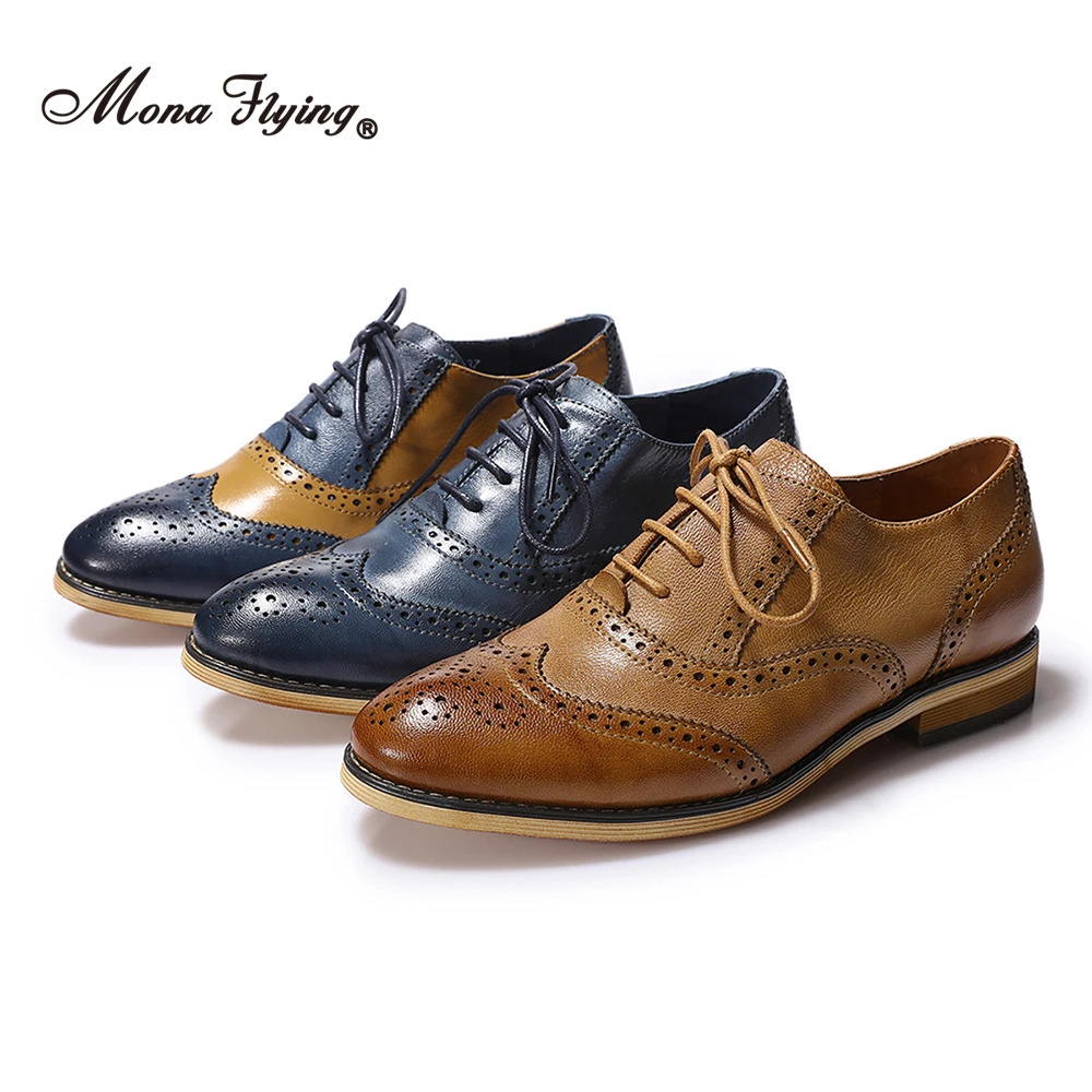 

Mona Flying Women's Genuine Leather Wingtip Oxfords Brogue Derby Saddle Casual Flats Lace up Shoes for Ladies B098-3