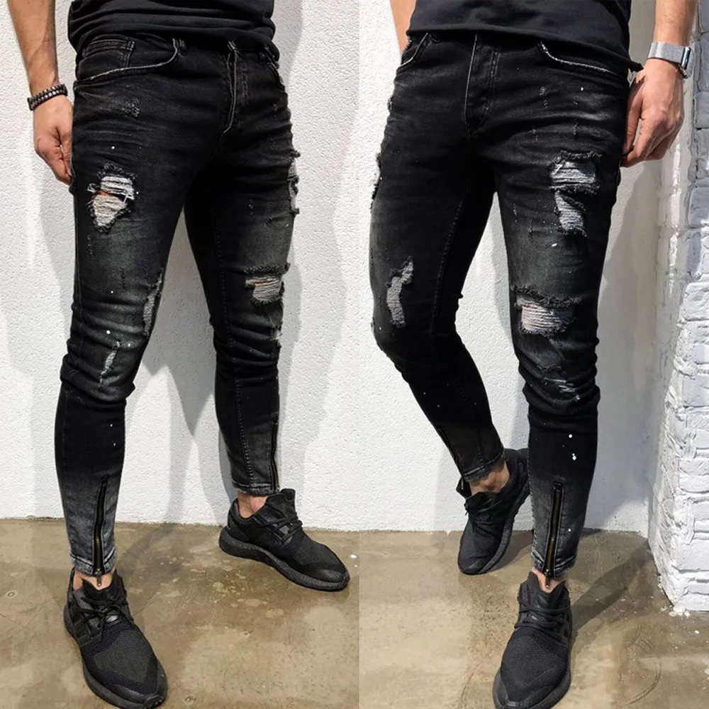 Смарт-брюки для мужчин, мужские облегающие Стрейчевые джинсовые штаны, потертые рваные джинсы, облегающие джинсы, черные мужские спортивные штаны - Цвет: Черный