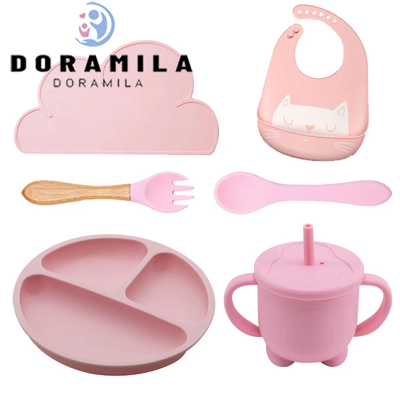 

Children's Tableware Set Baby Silicone Plate Baby Feeding Bowl Bib Children's Dishes For Baby With Suction Cup Waterproof Bib