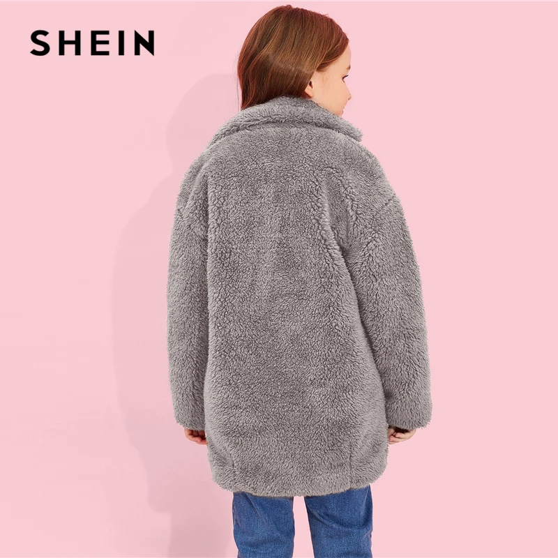 SHEIN/ г. Детское пальто для девочек с зазубренным воротником, со скрытой планкой, плюшевое пальто Детская одежда зимние повседневные пальто с длинными рукавами и пуговицами спереди