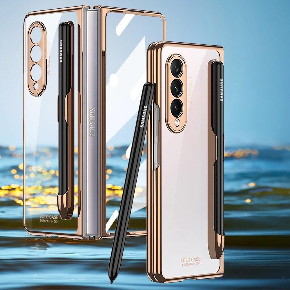 

Clear With S Pen Holder Cover For Samsung Galaxy Z Fold 3 5G Case Built-in Screen Protector 360° Protection Coque Funda No Pen