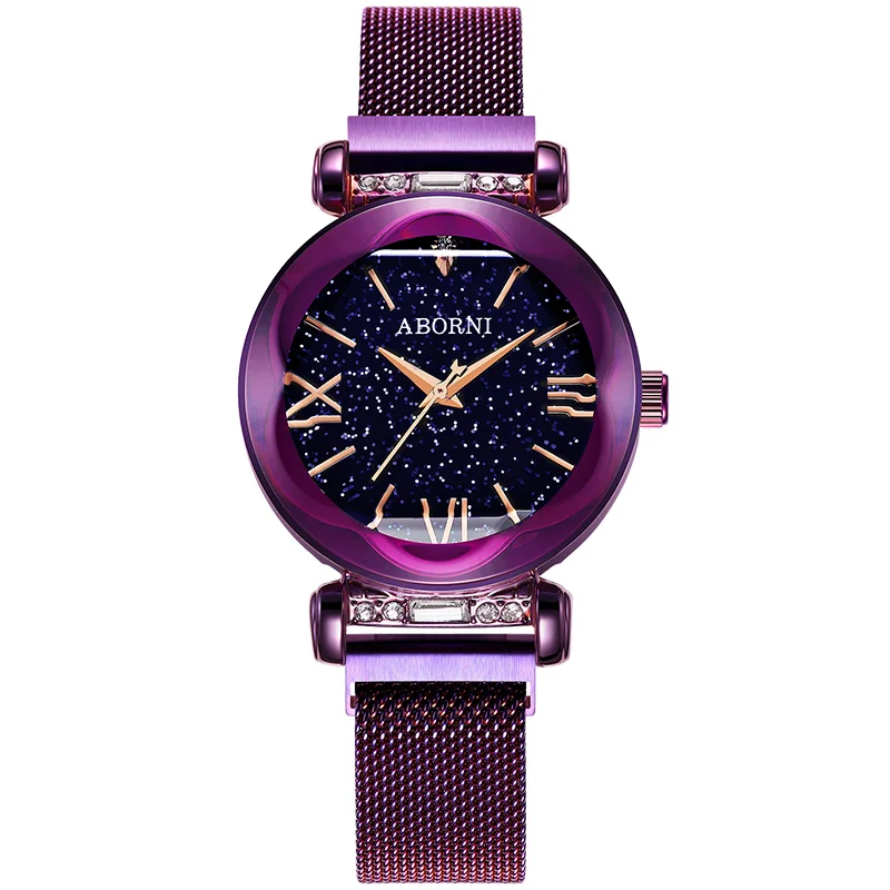 

ABORNI Women Wristwatch Purple Ultra Thin Steel Mesh Strap Rose Gold Quartz Watch Fashion Ladies Watches Woman Clock Reloj Mujer