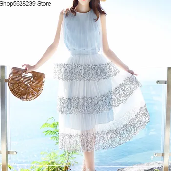 

Summer Kaki Sweet Age Reduction Lace Lace Dress Bitter Fleabane Skirt Princess Skirt Two-piece Set Han Chao