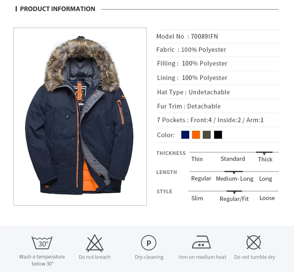 TIGER FORCE Winter Jacket Men Padded Parka Russia Man Winter Coat Artificial Fur Big Pockets Medium-long Thick Parkas Snowjacket military parka