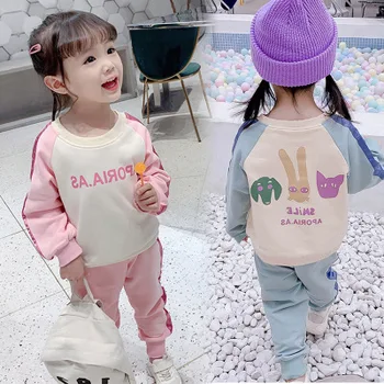 

Girl baby new spring casual princess baby children's set printed letters stitching color round neck sweater sports style suit