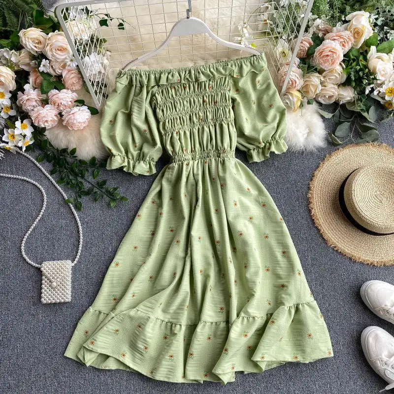 SINGRAIN Women Ruched Ruffle Dress Korean Puff Sleeve Slash Neck A Line Dress Summer Vacation Casual Print Floral Dress 2020