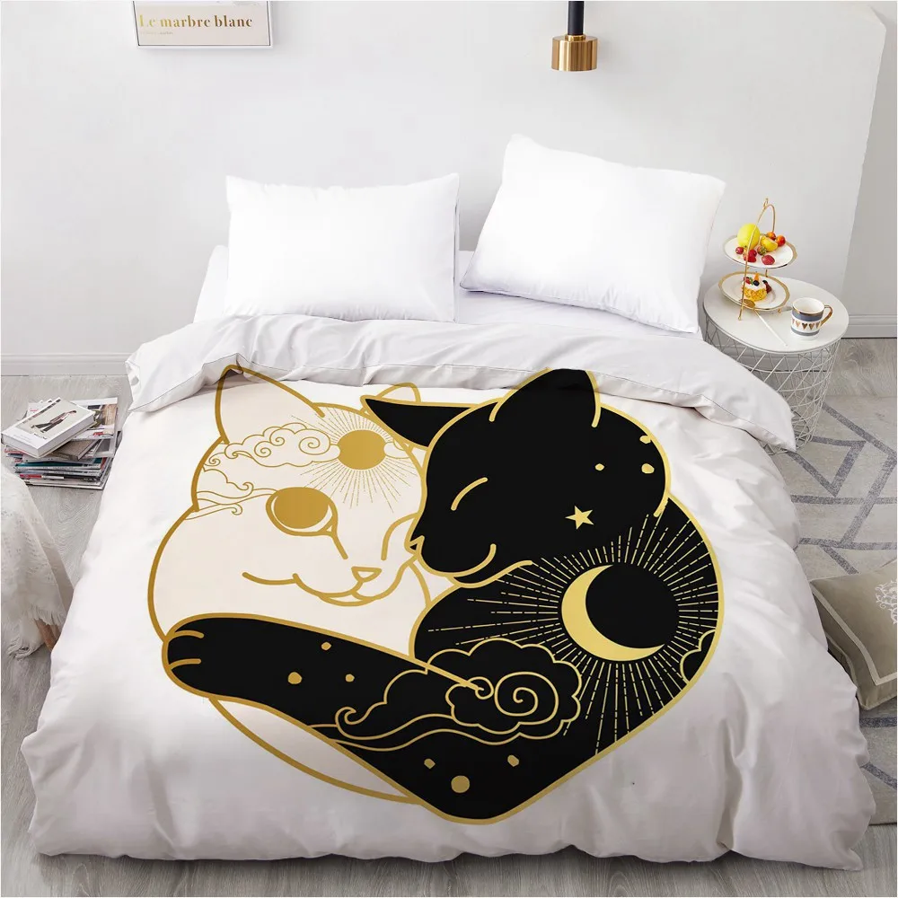 Bedding Set Custom Design 3D Printed Duvet Cover Quilt Comforter Blanket Case Covers 200x200 Glod Black Animal Cat Home Textile