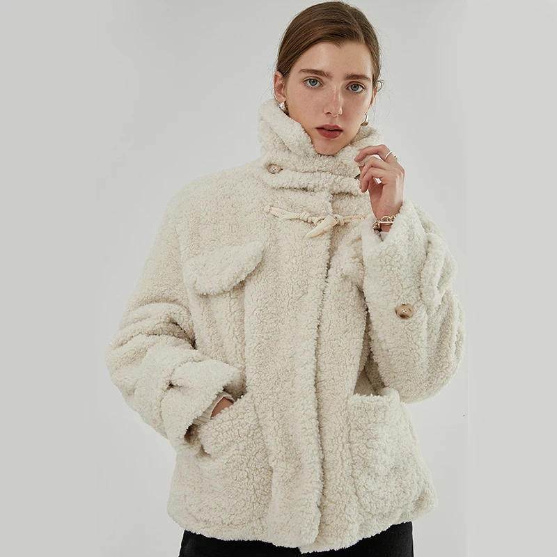 [EAM] Loose Fit Lambswool Split Big Size Warm Jacket New Stand Collar Long Sleeve Women Coat Fashion Tide Autumn Winter