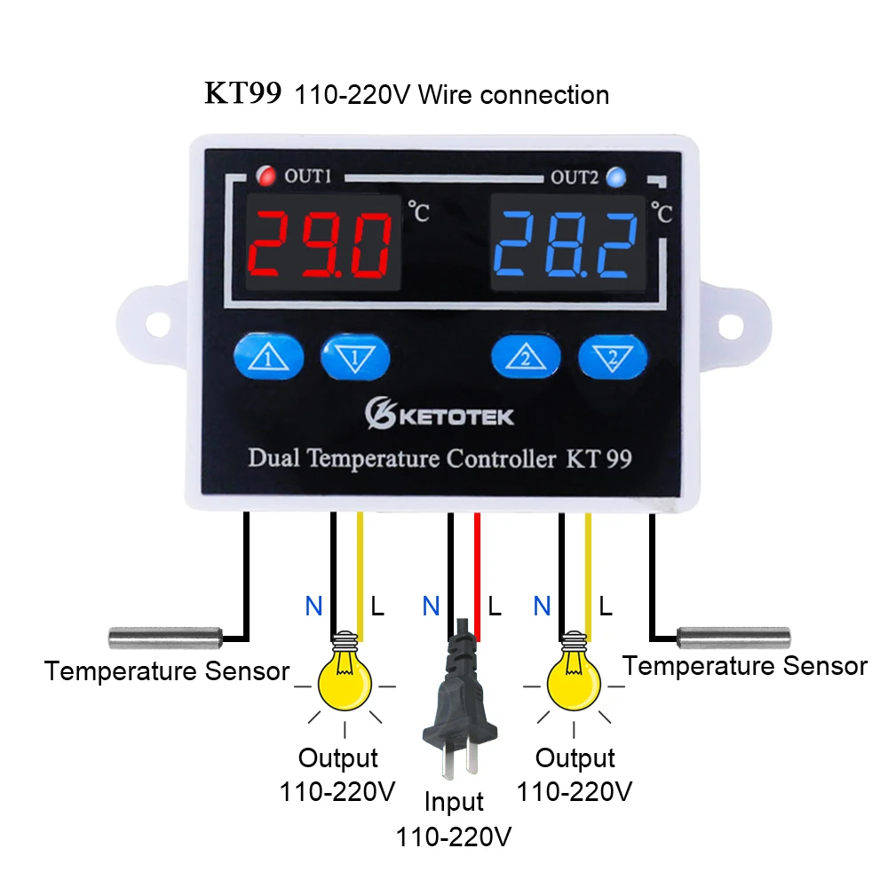 KT99 110-220V KT1000 12 В 24 В 220 В цифровой регулятор температуры 10A C/F два реле инкубатора термостат с нагревателем и охладителем - Цвет: KT99 110-220V