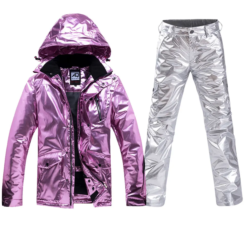 purple silver Лыжная куртка для женщин/мужчин, водонепроницаемые ветрозащитные костюмы, серебристая Глянцевая зимняя куртка, пальто, зимние куртки для пар, сноуборд+ лыжные штаны, комплекты - Цвет: purple silver