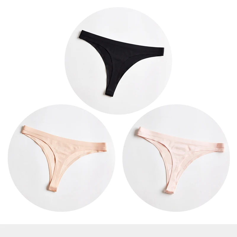 Ice Silk стринги женские сексуальные бесшовные спортивные трусы Нижнее белье Женские T-мягкая накладка на заднюю панель из стринги женские трусы дропшиппинг 3 шт./компл - Цвет: Black Skin Pink