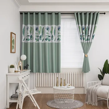 

New Leaves Print Blackout Curtains Short For Bedroom Living Room Children's Room Elegant Green Window Curtains Grommet Top Panel