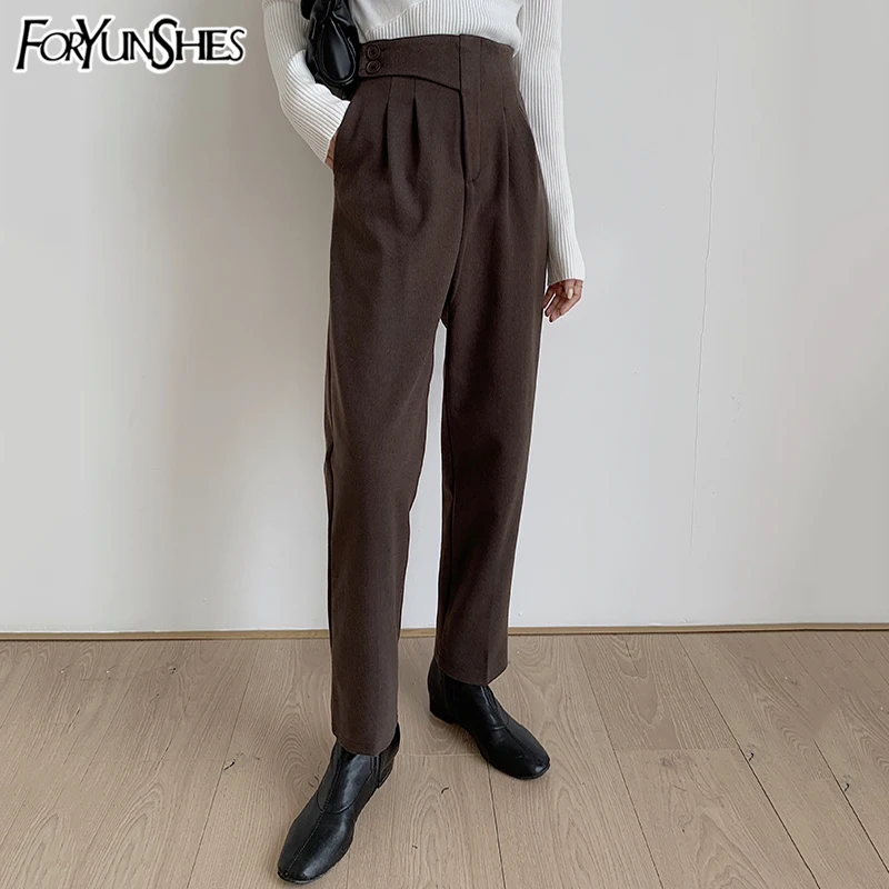 

FORYUNSHES Women Winter Thick Suit Pants Female Double Button High Waist Solid Coffee Business Trousers 2020 Autumn Korean Style