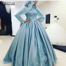 Винтажное мусульманское хиджаб вечернее платье с длинными рукавами с высоким воротом кружевное платье для выпускного бала, голубое Элегантное Вечерние платья в Дубае Abendkleider