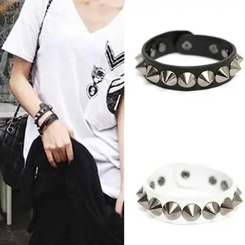

2019 New Punk Gothic Rock Faux Leather Rivet Stud Spike Bracelet Cuff Bangle Wristband New Bracelets Stainless Steel Bangles