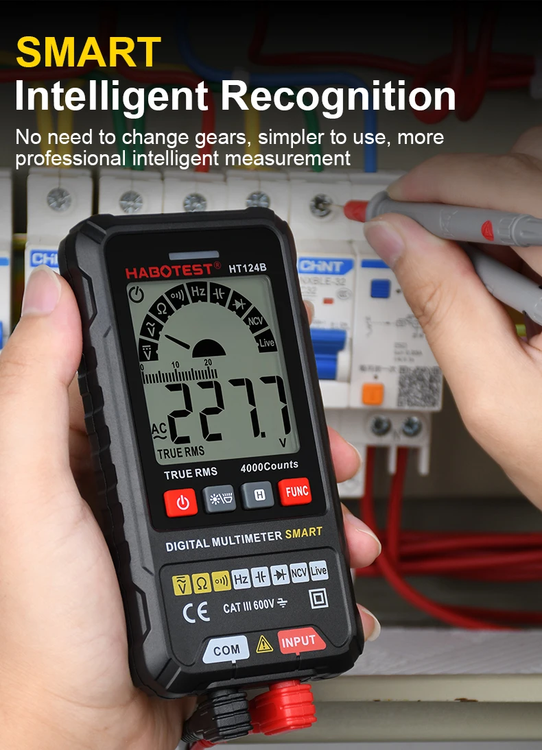 HT124B Digital Smart Multimeter Professional Auto Range T-RMS NCV Voltmeter 600V Resistance Capacitor Live Wire Tester HABOTEST metal hardness tester