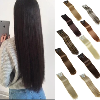 

DIANQI six pieces of hair synthetic hair extensions 22 Inch straight hair clips for women pure color 140g high temperature fiber