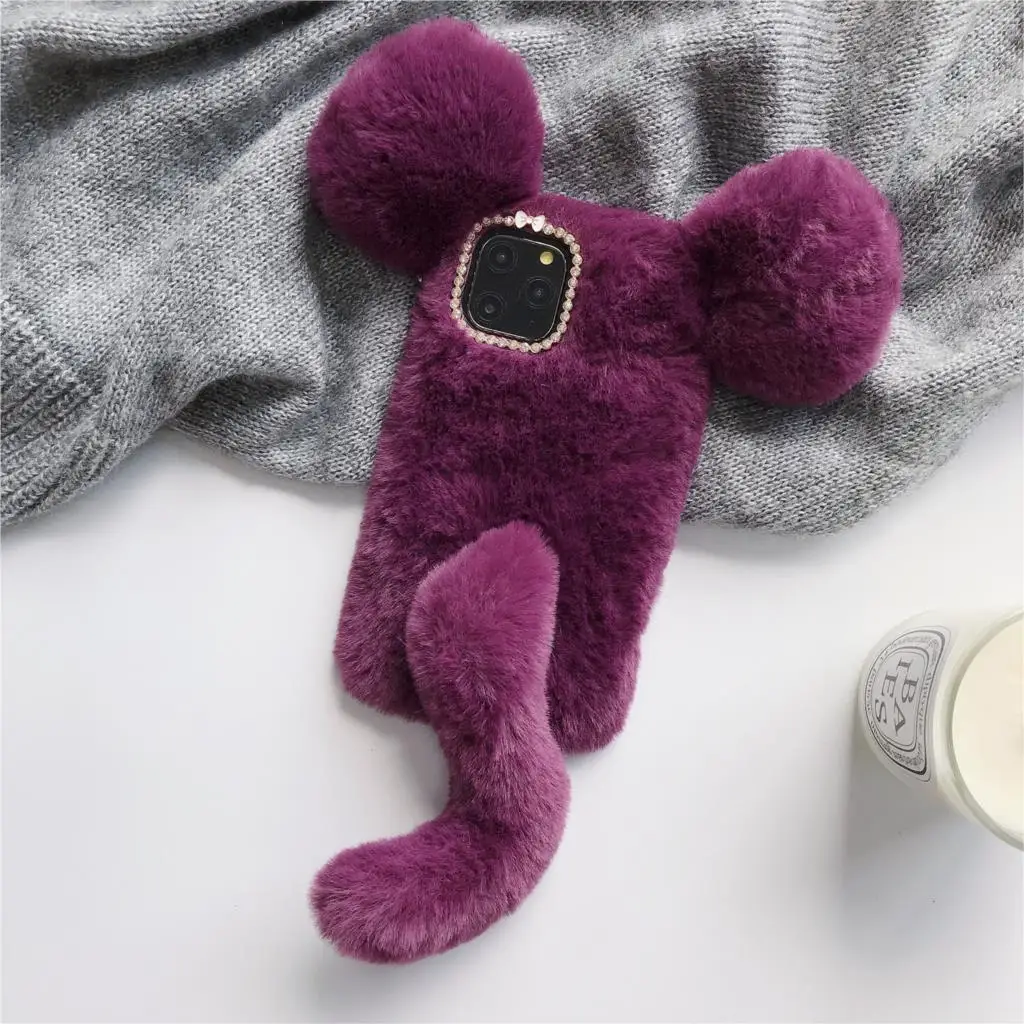 Милый пушистый меховой чехол для iPhone 11 11 Pro Max 3D мышь алмазный Пушистый мягкий чехол для iPhone Xs Max XR X 8 7 6 Plus 5 5S 4 4s - Цвет: Purple