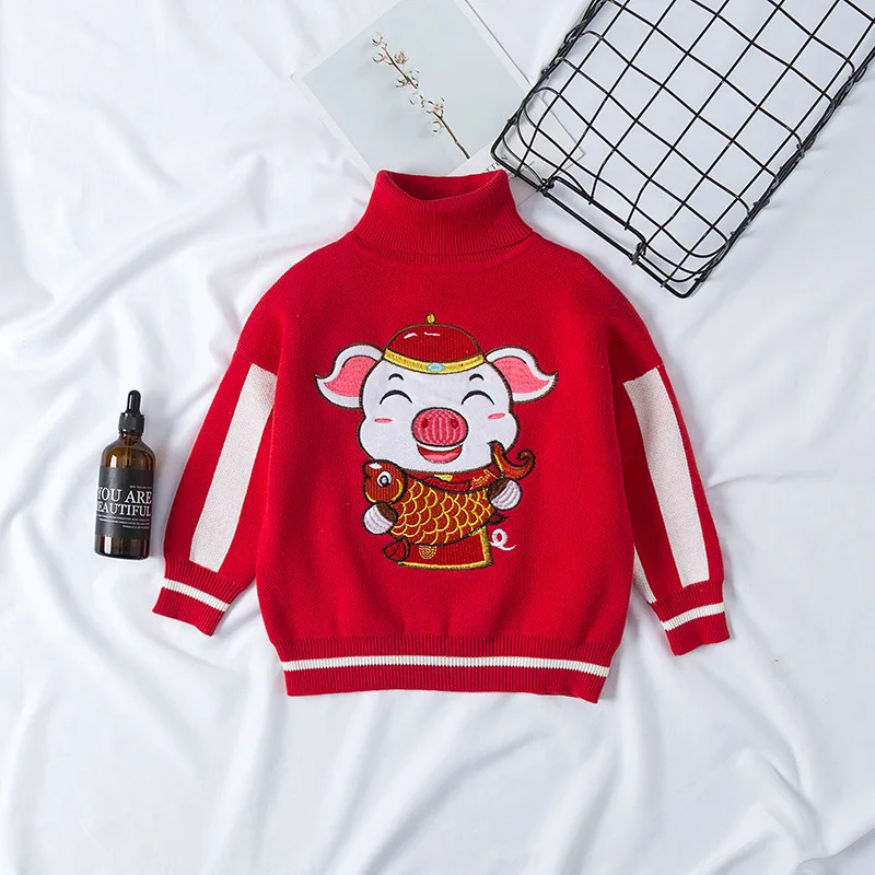 

2019 New Year Sweater Red Lucky Pig Sweater Children Autumn And Winter New Style Pullover Base Shirt New Year Sweater