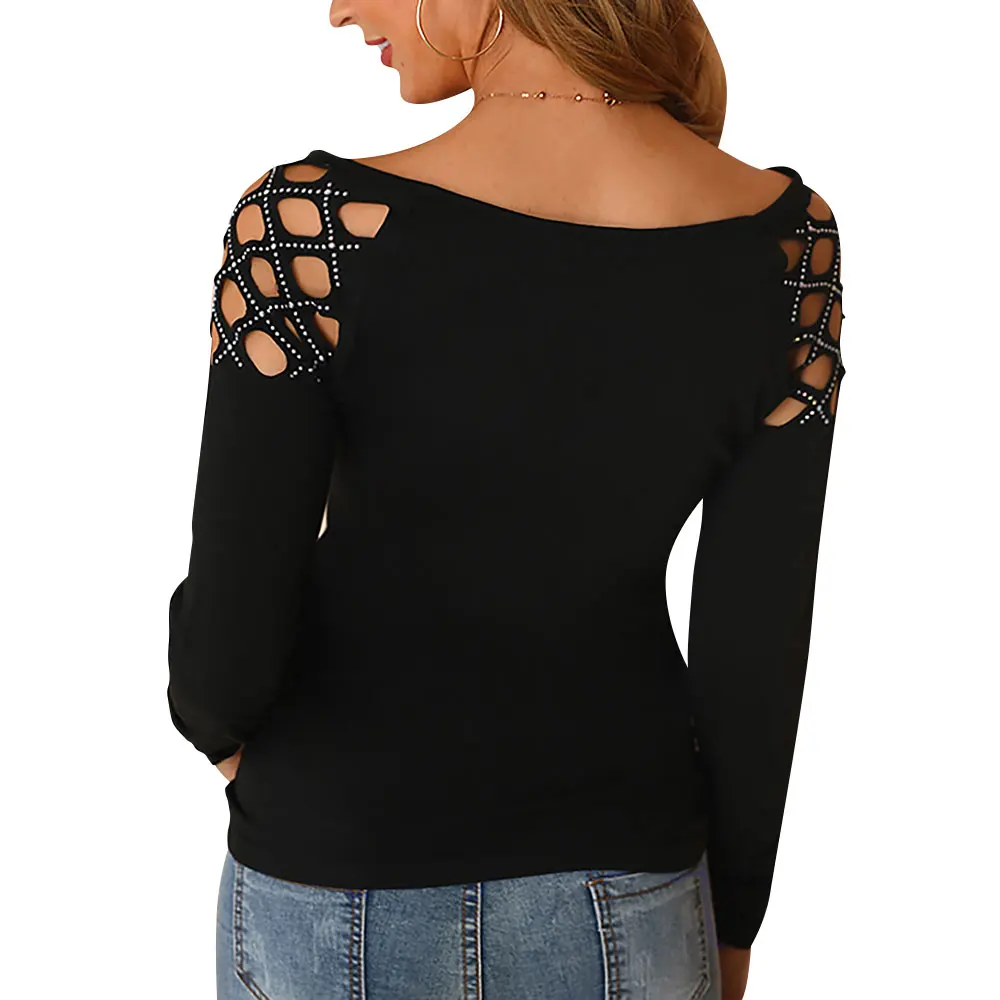 Блузка, топы, рубашки для женщин, длинный рукав, Женский Однотонный черный топ, футболка, облегающие Женские топы и блузки, blusas H30