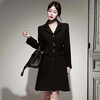 

2019 New Women dress Single Breastedlt Turn-down Collar Slim Dresses Black 995