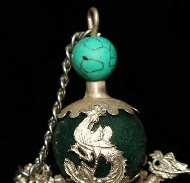 Chinese Tibetan silver Dragon and Phoenix green Jade snuff bottle 