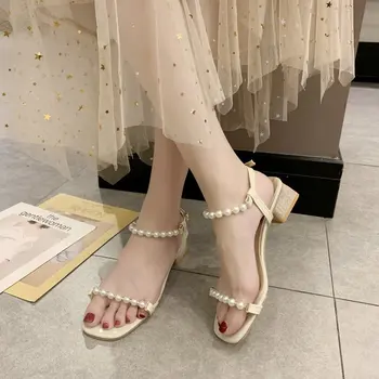 

Summer 2019 Women Casual Thick Sandals Student Sandals Women Sweet Beads Pearl Shoes Soft Antiskid Sole Footwear Party Shoes