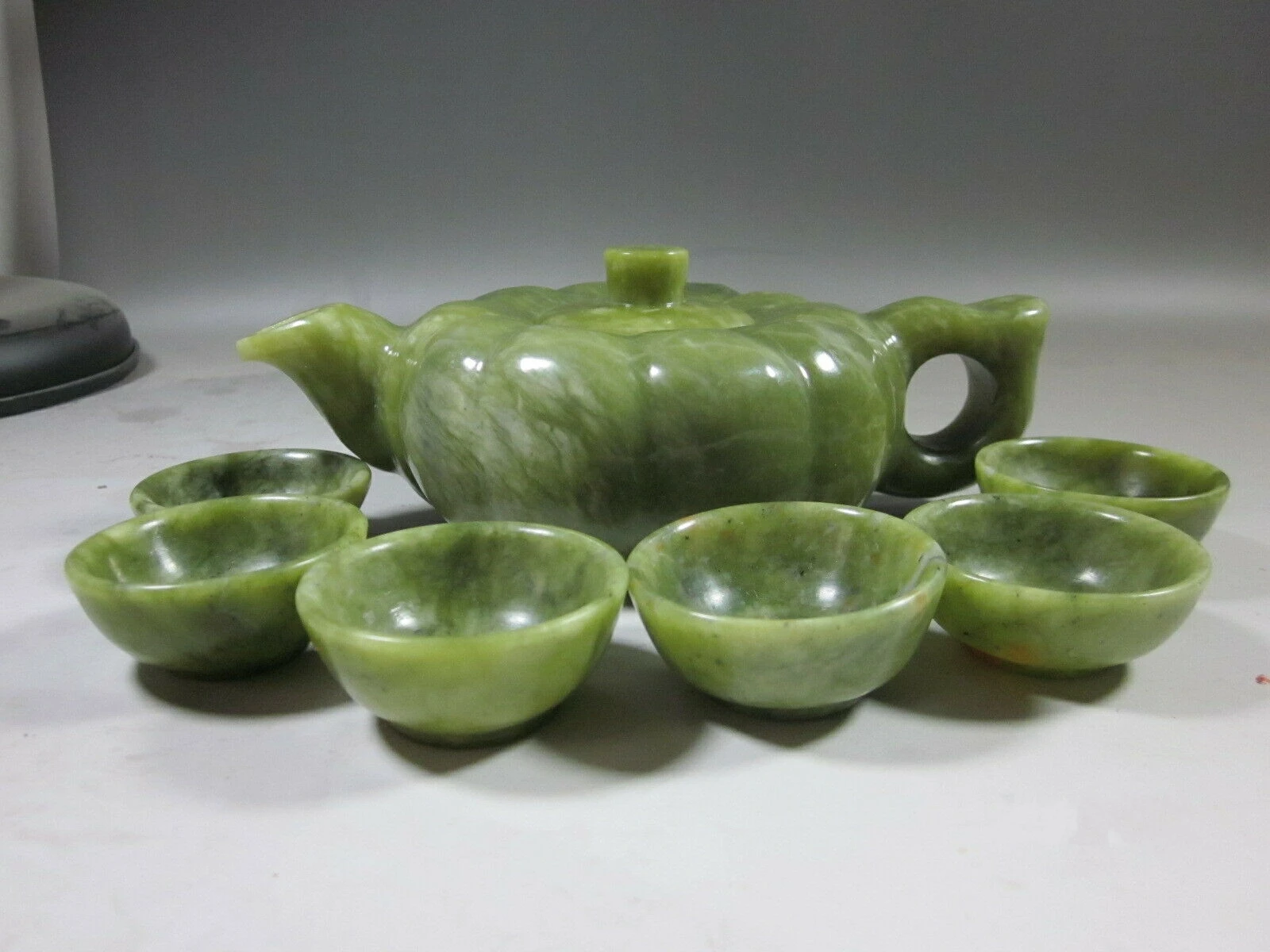 A set  Exquisite Chinese green jade hand carved statues Teapot cups amp Pumpkin 