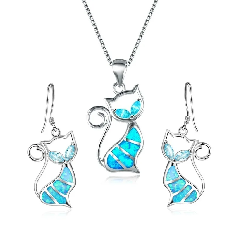 

2019 Cat Shape Multicolor Crystal Pendant Necklaces and Earrings Opal 925 Sterling Silver Necklace Earring Set for Girl Women
