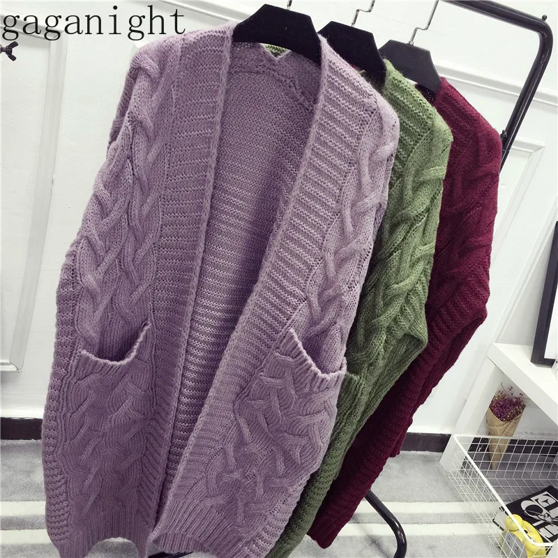 Gaganight, зимний теплый женский длинный кардиган, однотонный, толстый, шикарный, модный, Kardigan, карманный, шикарный, винтажный свитер, свободная верхняя одежда для девочек
