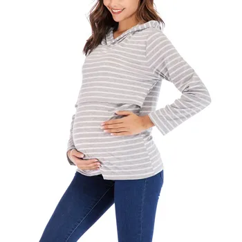 

Maternity Hooded Sweatshirt Fashion New Striped Hooded Loose Breastfeeding Long Sleeve Maternity T-Shirt Tops