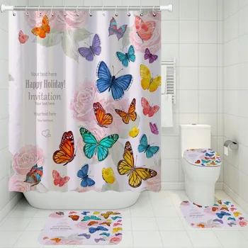 

4 Piece Flying Butterfly Shower Curtain Carpet Cover Toilet Cover Bath Mat Pad Set Bathroom Curtain with Free Hooks Home Decor