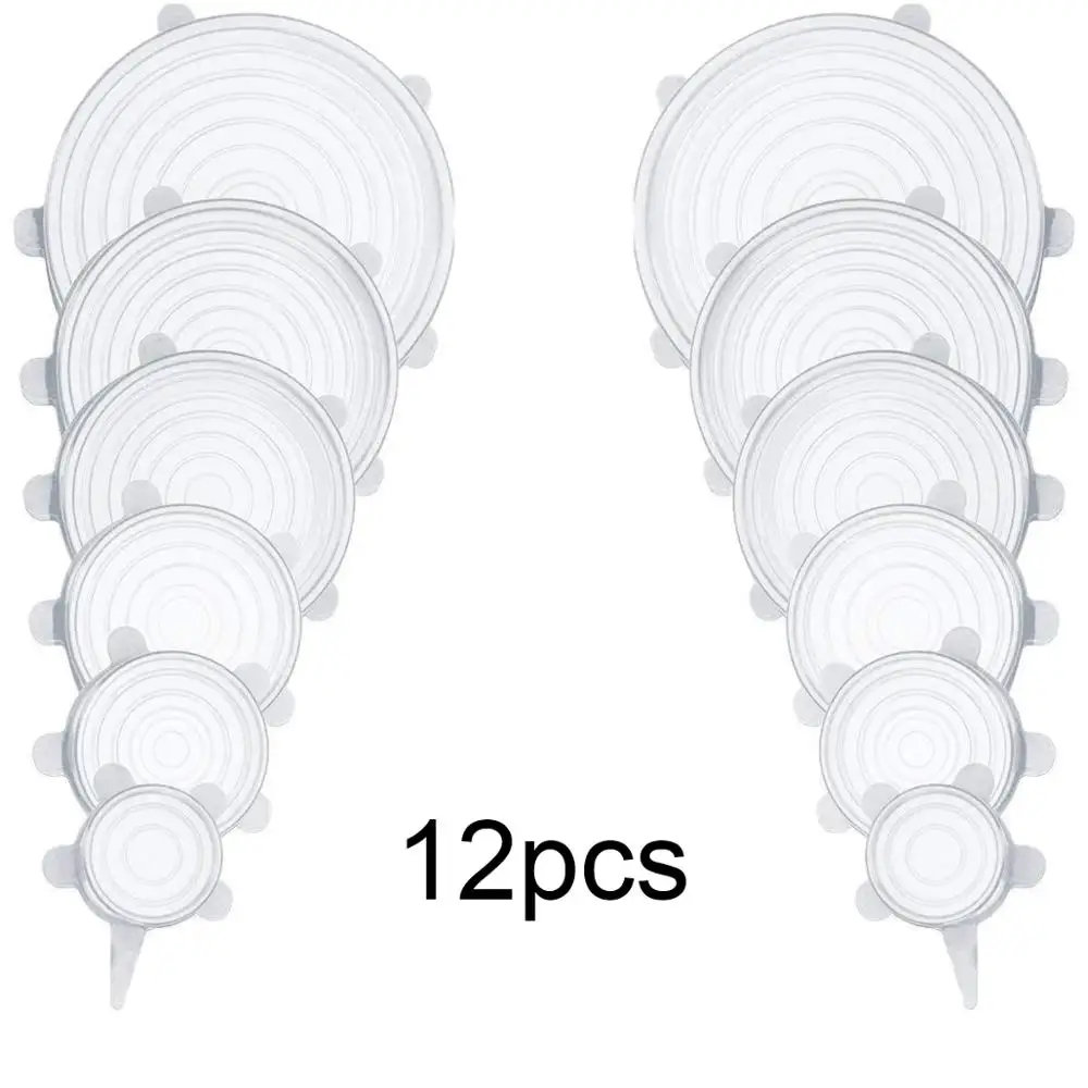3/6/12 шт многоразовые кремния стрейч крышки Универсальная крышка силиконовая пленка пищевая миска горшок крышкой силиконовый чехол Пан приготовления Кухня - Цвет: 12pcs-transparent