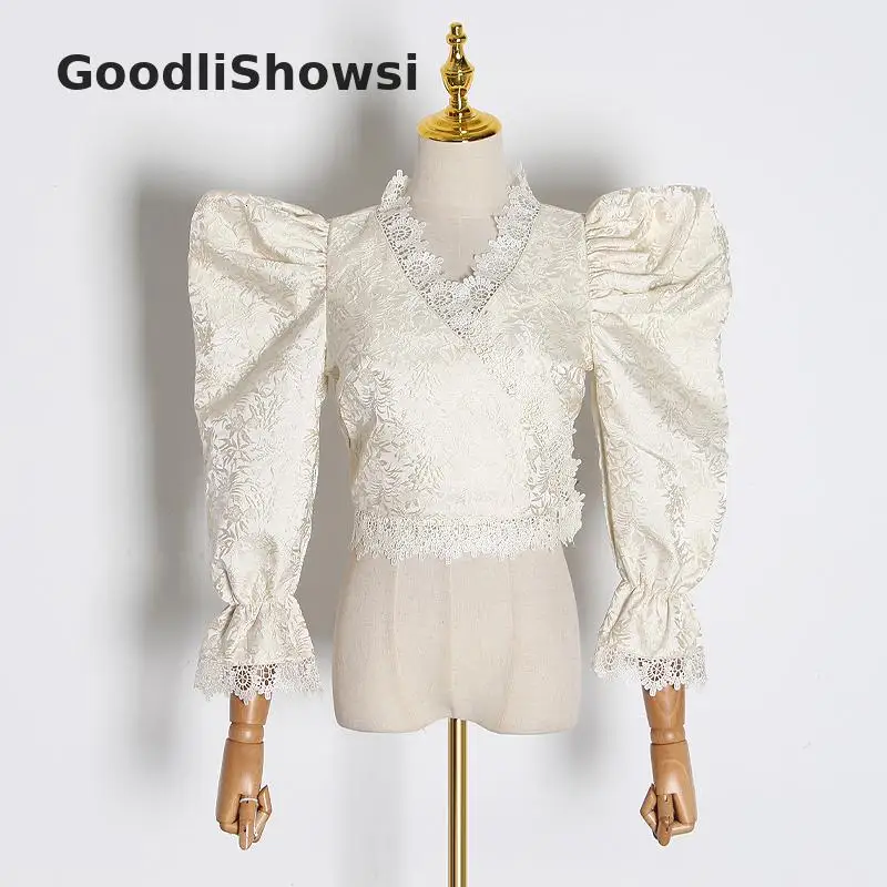 GoodliShowsi новая сексуальная пышная блуза с кружевными вставками, сплошной цвет, v-образный вырез, расклешенные манжеты, жаккардовый узор, женские рубашки, укороченные топы