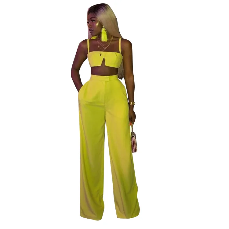 

Adogirl Women Solid Color Spaghetti Strap Casual Two Pieces Set Yellow Sleeveless Crop Top And Long Wide Legged Pants Suits