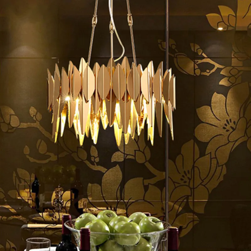 Luxury Plate Gold Leaf Shape Metal Lustre Circle Led Pendant Lights Adjustable Rod Hanging Lamp Living Room Lighting Fixtures