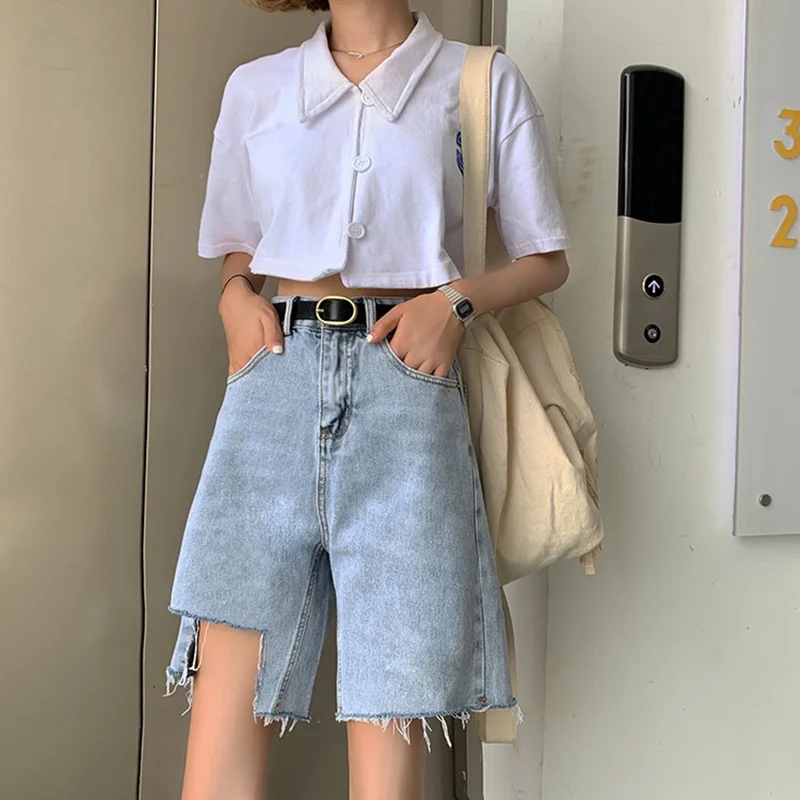 

2019 Plus Size Capris Jeans For Women Summer Denim Shorts Jean Hole Knee Length Blue Jeans Lady Mini Pants