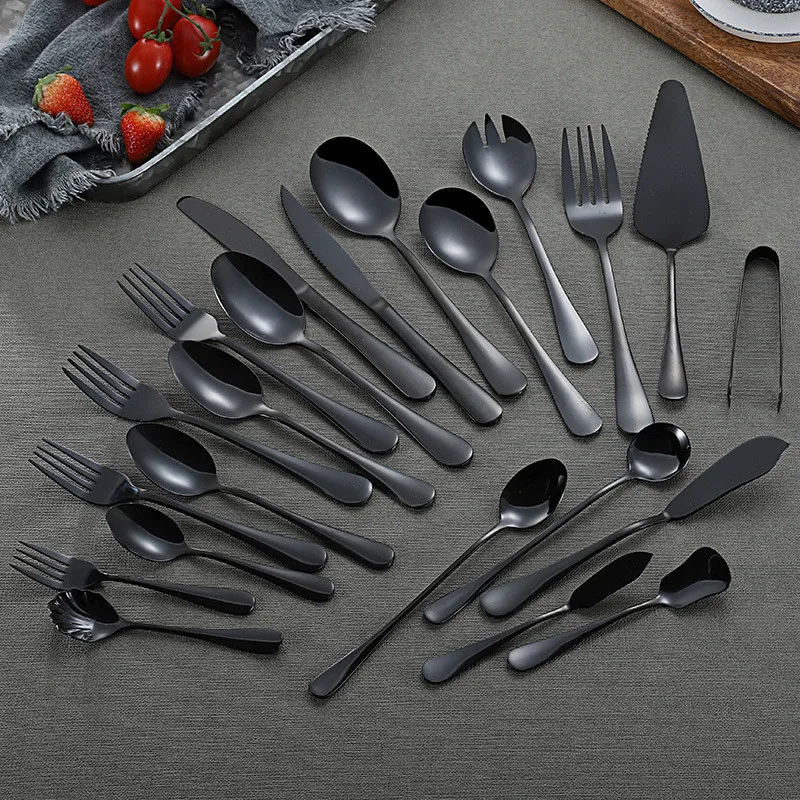 Juego de cubiertos de acero inoxidable con espejo, juego de cocina negro, vajilla, cuchara y tenedor, conjunto de vajilla para cena, cubiertos para el hogar