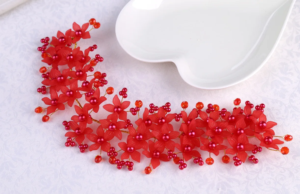 20cm red Модный свадебный головной убор Свадебные аксессуары для волос Кристальные жемчужные повязки для невесты головные уборы Цветочные украшения для волос - Окраска металла: 20cm red