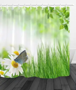 

Spring Green Grass Daisy Butterfly Pattern Waterproof Fabric Shower Curtain Set 3D High-Definition Printing Does Not Fade 12