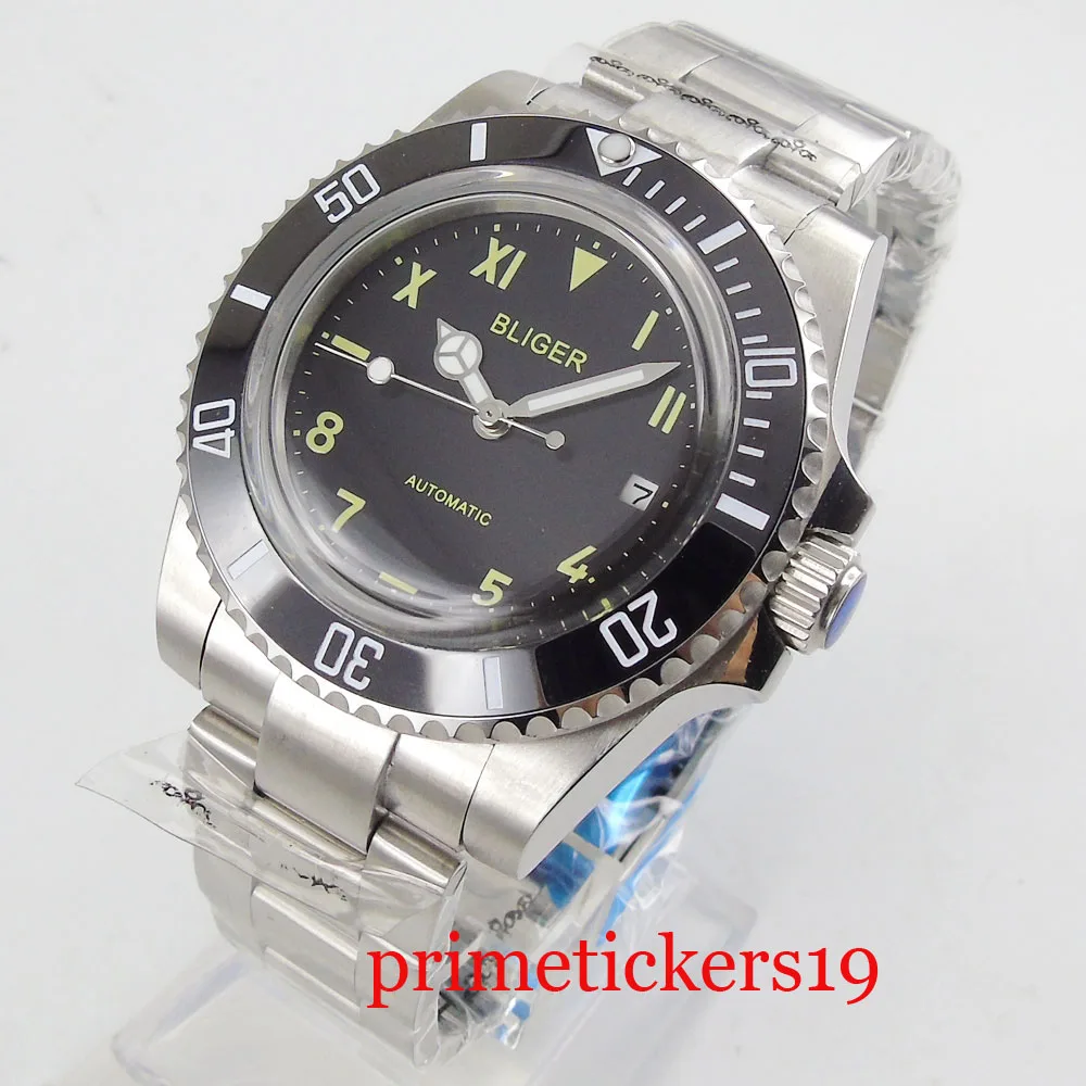 

40mm bliger black dial ceramic bezel mental deployment clasp automatic movement mens watch