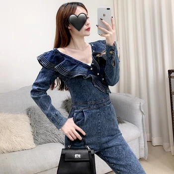 

Rompers Womens Jumpsuit Spring Ladies Temperament Lotus Leaf Jumpsuit Woman Off Shoulder Long-Sleeve High-Waist Slim Jumpsuit