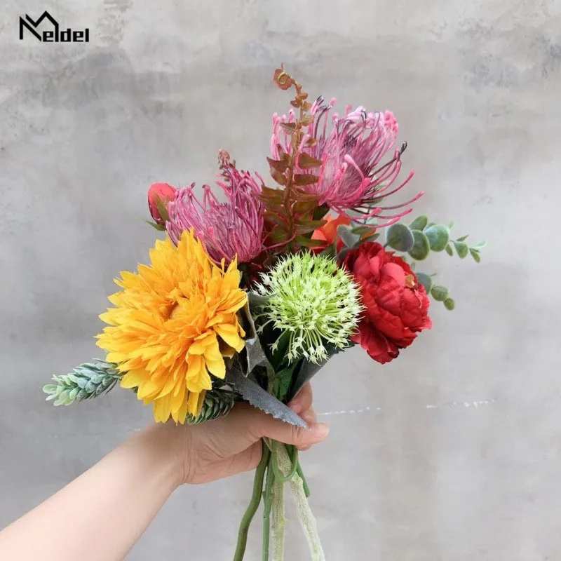 Meldel Свадебный букет Искусственный Шелковый цветок розы красный Leucospermum помпон Подсолнух свадебные принадлежности вечерние украшения для дома