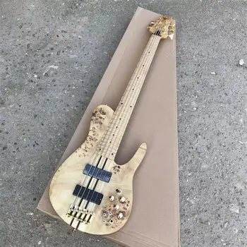 

Nueva guitarra bajo de 5 cuerdas, cuello a través del cuerpo, herrajes dorados madera Arce tabla mariposa bajo eléctrico