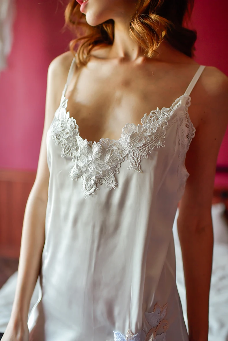 White satin sexy deep V embroidery straps nightdress simulation silk lace flower side open home dress