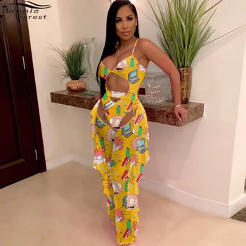 

Bonnie Forest Leisure Cartoon Print Matching Set Two Piece Outfits Suits Summer Women Cut Out Printed Ruffles Jumpsuit Overalls
