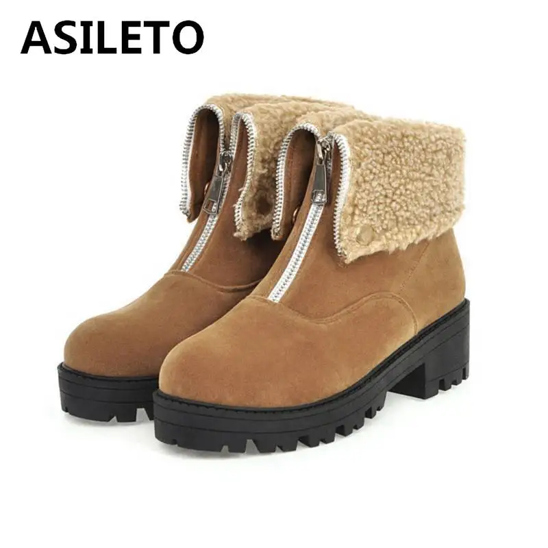 

ASILETO Women Platform Winter Boots Women Flock Zipper Plush Warm Ankle Boots Woman Solid SquareThick Heels Zapatos De Mujer 46
